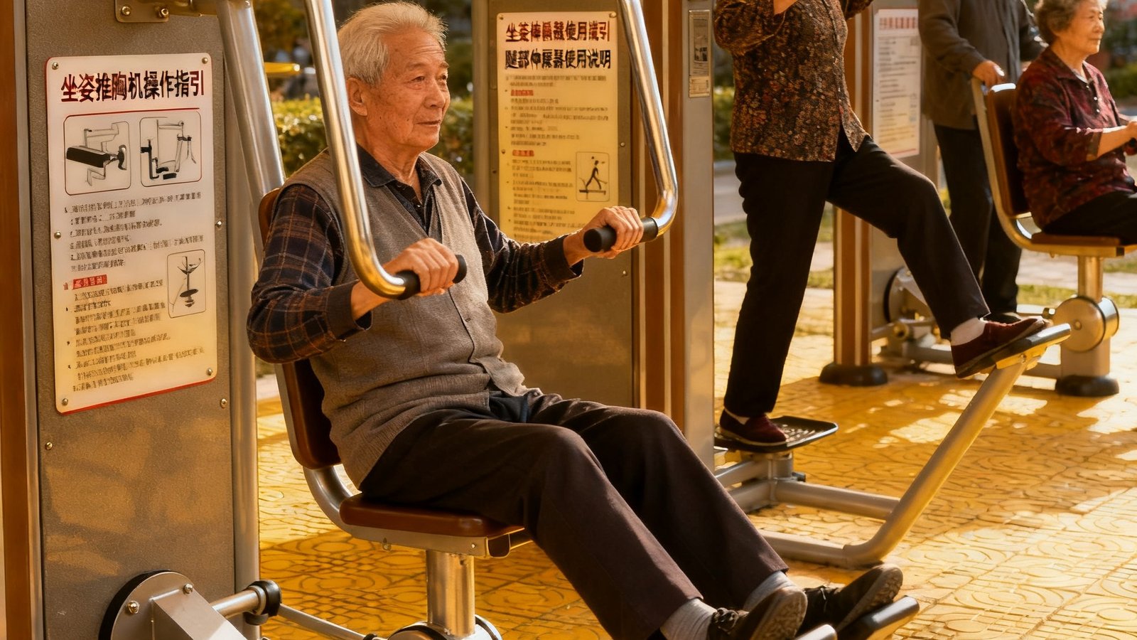 社区健身中心内部场景，几位不同年龄段的居民正在使用带有安全扶手的坐姿推胸机和腿部伸展器，器材上贴有清晰的中文操作指引标识，地面铺设防滑地砖，整体环境明亮温馨适合社区日常使用