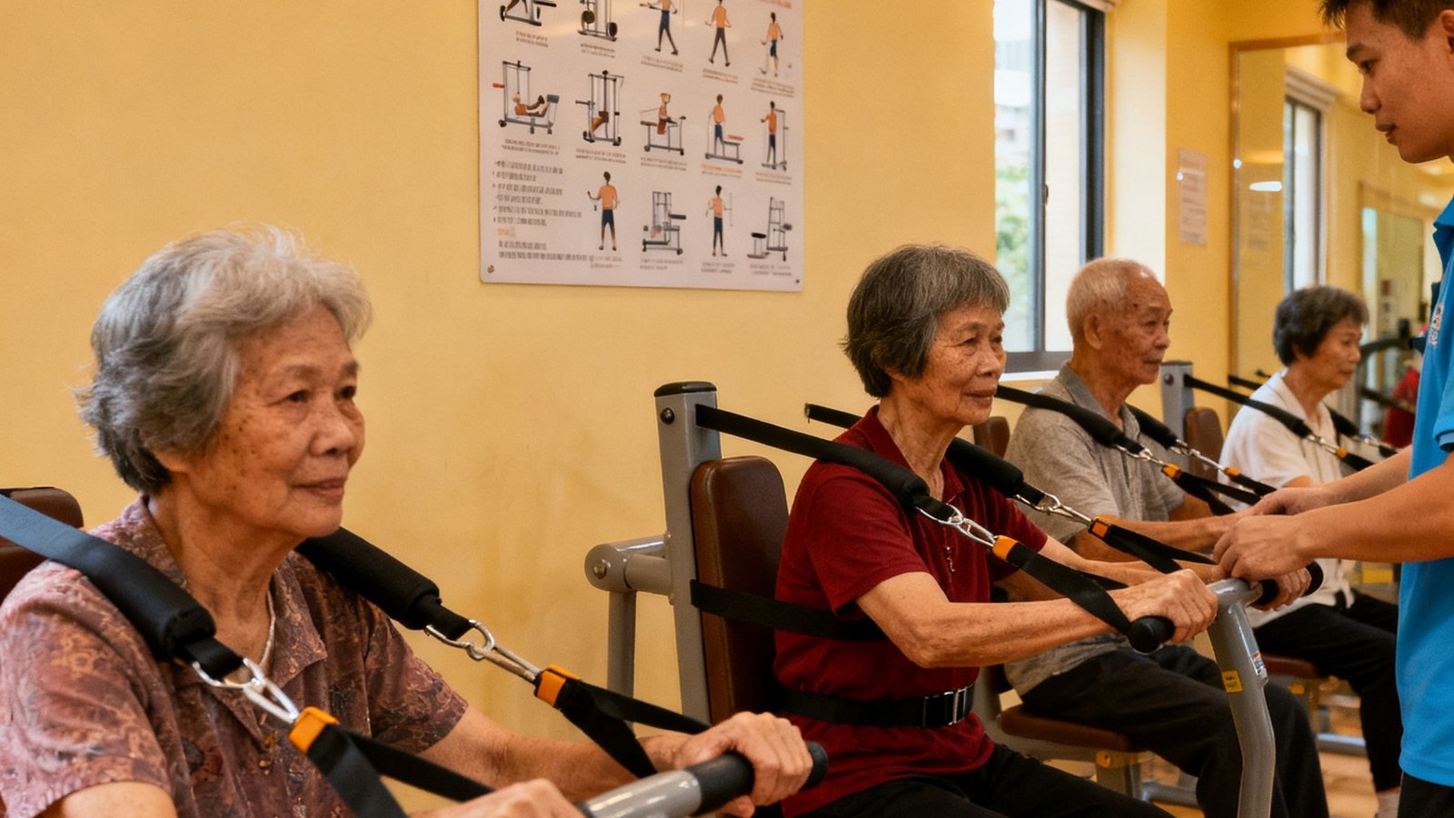 广州番禺区街道级社区健身中心内部，多位中老年居民在指导下使用带有辅助安全装置的健身器材，墙面上张贴有清晰的使用说明图解，环境温馨舒适
